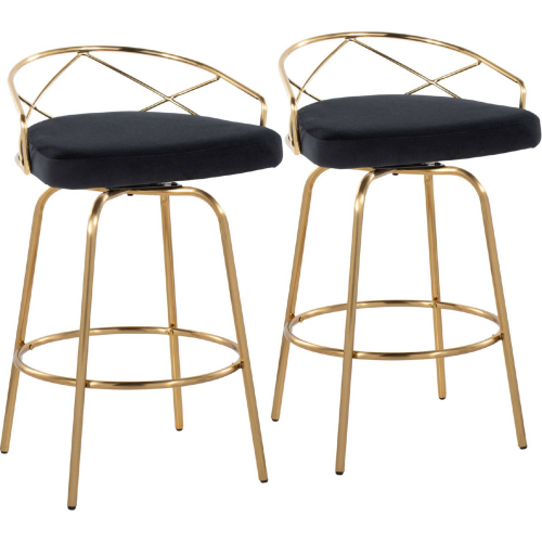 Charlotte 26" Swivel Counter Stool in Gold & Black Velvet w/ Round Footrest (Set of 2)